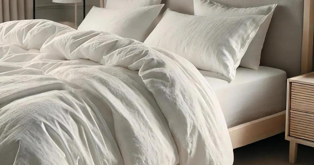 detailní pohled na postel, která je povlečená v letním lněném povlečení