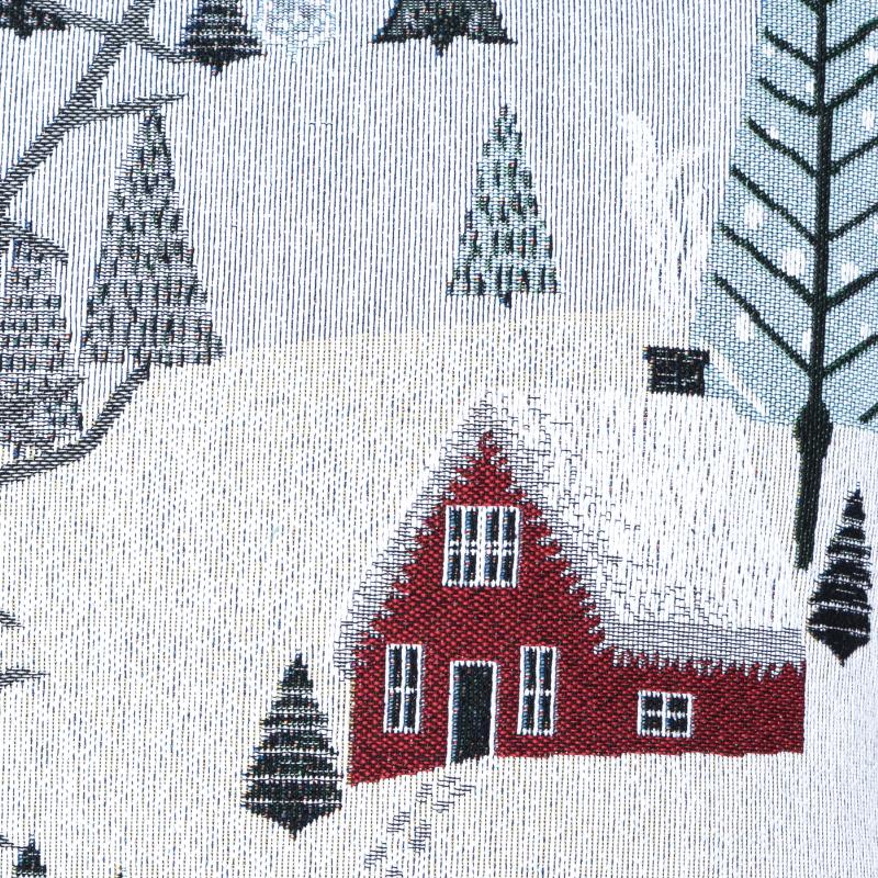 povlak MOTIV dům v horách bíločervená dekorační povlak na polštářek se zimní krajinou, vytkaný vzor je na obou stranách stejný 12590L