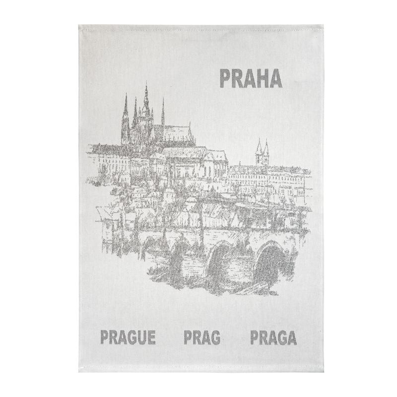 utěrka DESIGN praha šedá bavlněná kuchyňská utěrka s motivem Prahy