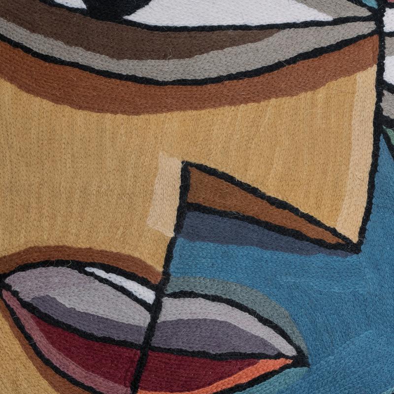 povlak ART WOOL picasso žlutomodrá dekorační povlak na polštářek s výšivkou obličeje ve žlutomodré kombinaci, zadní strana bez vzoru - hrubší bavlněné plátno v přírodní barvě 14423L
