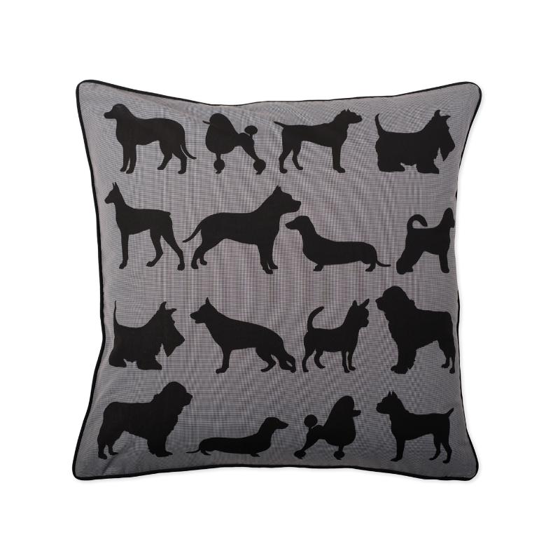 povlak SMART dogs šedočerná dekorační povlak na polštářek s jemnou vytkanou kostičkou a tištěným motivem psů, zadní strana bez vzoru - černá