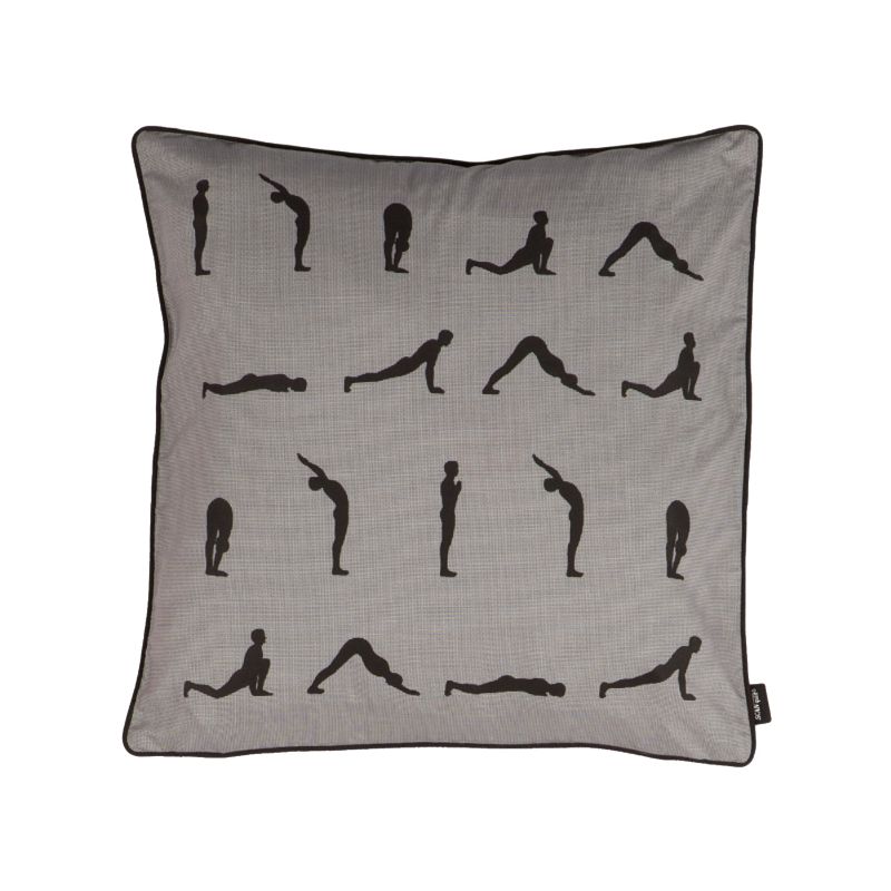 povlak SMART joga šedočerná+černá dekorační povlak na polštářek s vytkanou jemnou kostičkou a tištěnými jógovými pozicemi, zadní strana bez vzoru - černá