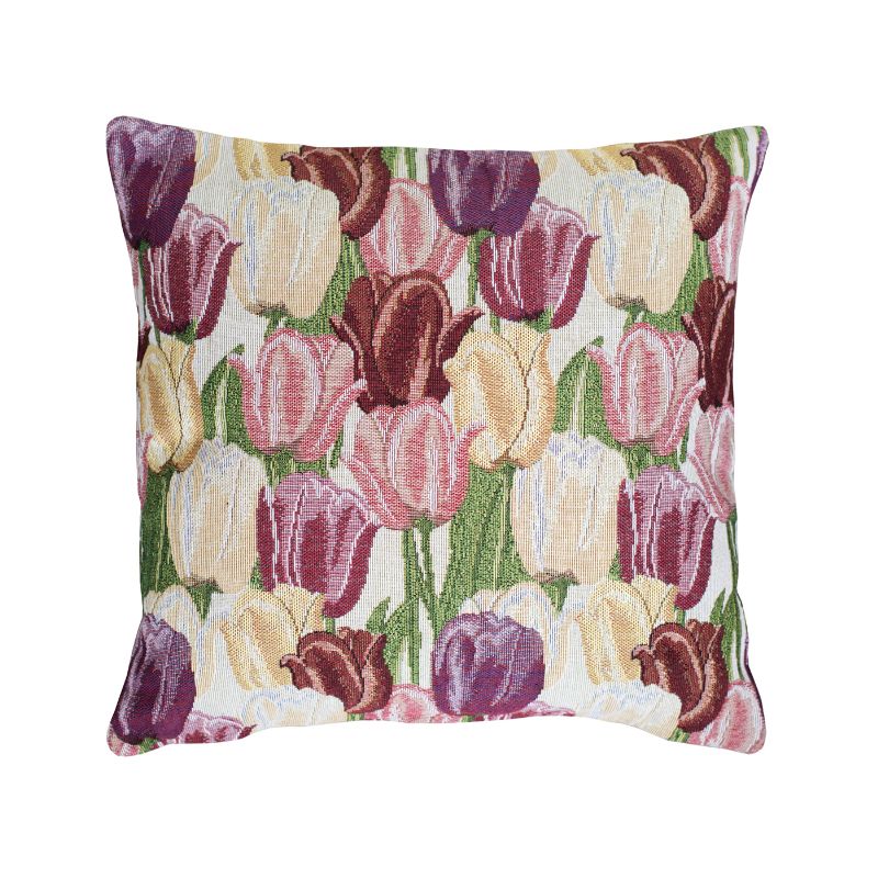 povlak MOTIV tulipány pastelová dekorační povlak na polštářek s tulipány, vytkaný vzor je na obou stranách stejný