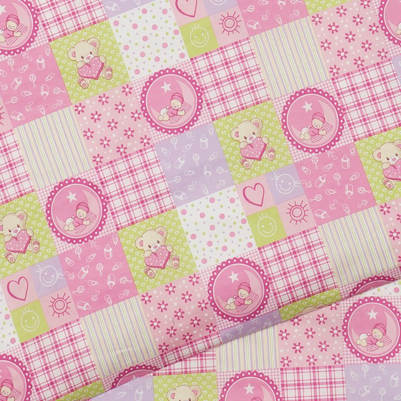 povlečení KLASIK baby patch růžovozelenofialová dětské bavlněné povlečení s medvídky 7291L