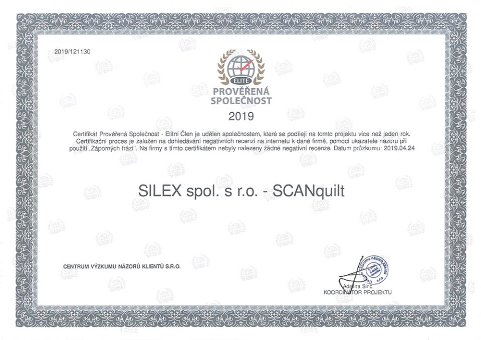Certifikát Prověřená společnost SCANquilt z roku 2019.